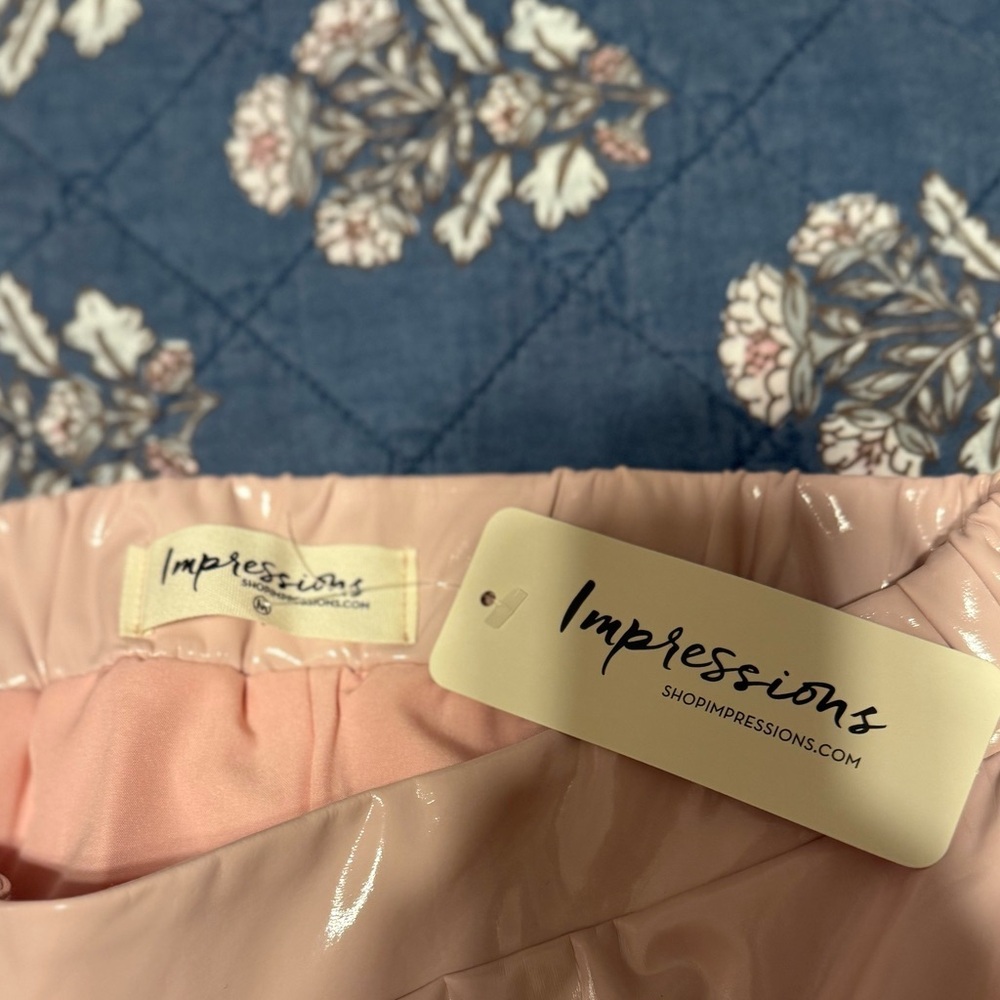 Impressions Blush Pink Patent Mini Skirt with Feather Trim - Picture 3 of 3